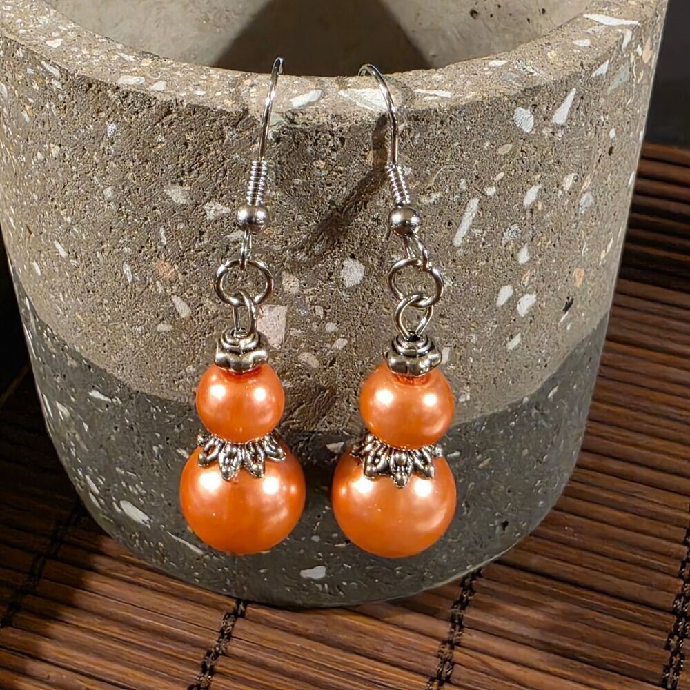 Handcrafted Muted Warm Orange Antiqued Silver Glass Pearl Drop Earrings